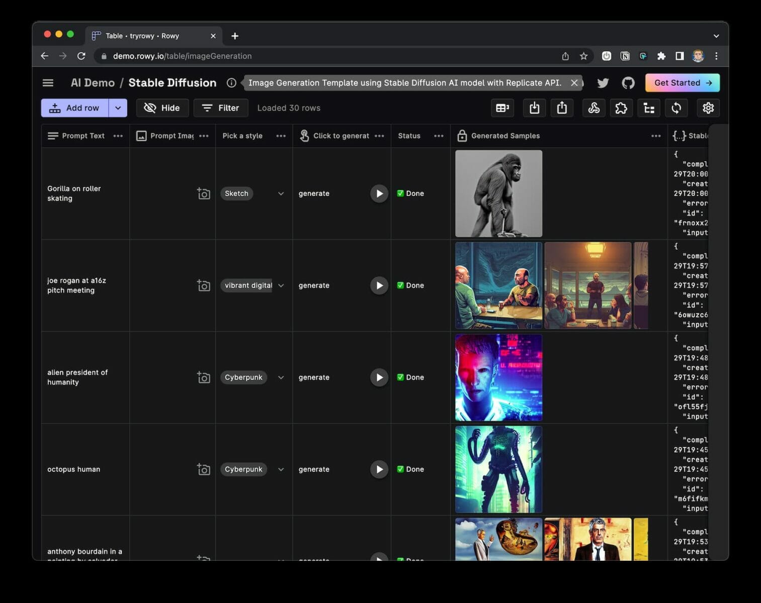 Stable Diffusion spreadsheet UI on rowy.io